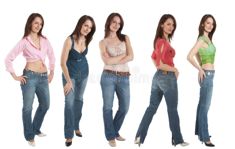 Young woman in jeans and various tops, five poses