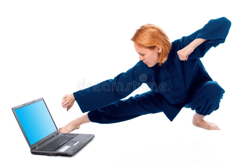 Young woman in kimono attend yoga with laptop