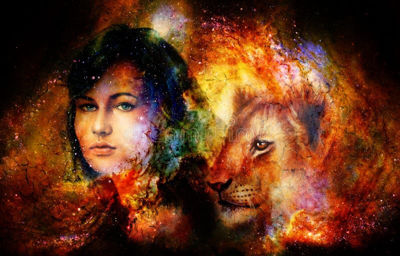 Young woman and lion cub in cosmic space. Crackle effect.