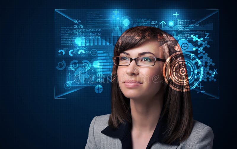 Young woman looking with futuristic smart high tech glasses royalty free stock images Young woman looking with futuristic smart high tech glasses royalty free stock images