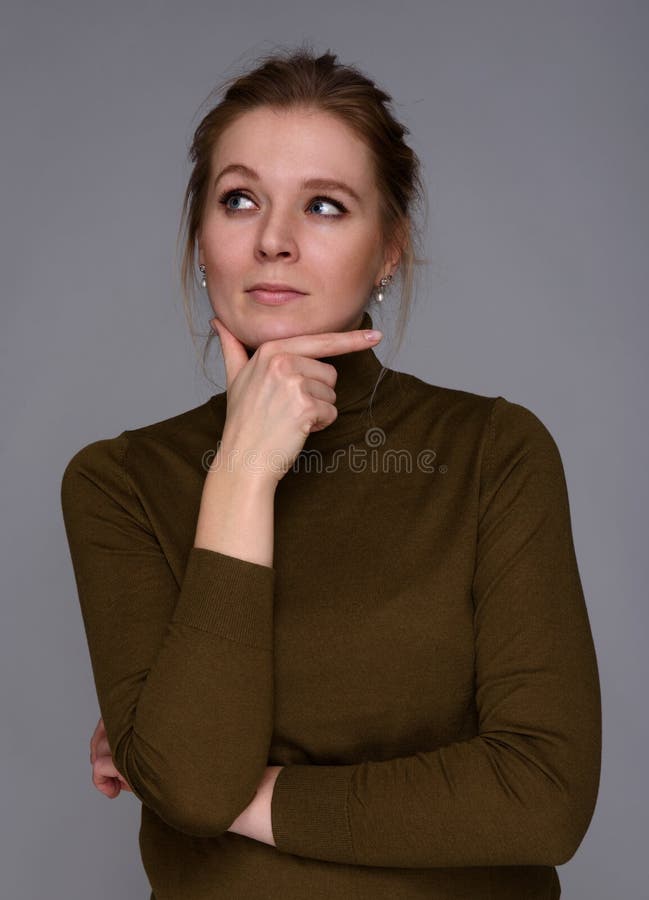 Young Woman Looking Up and Thinking Stock Photo - Image of girl, copy ...