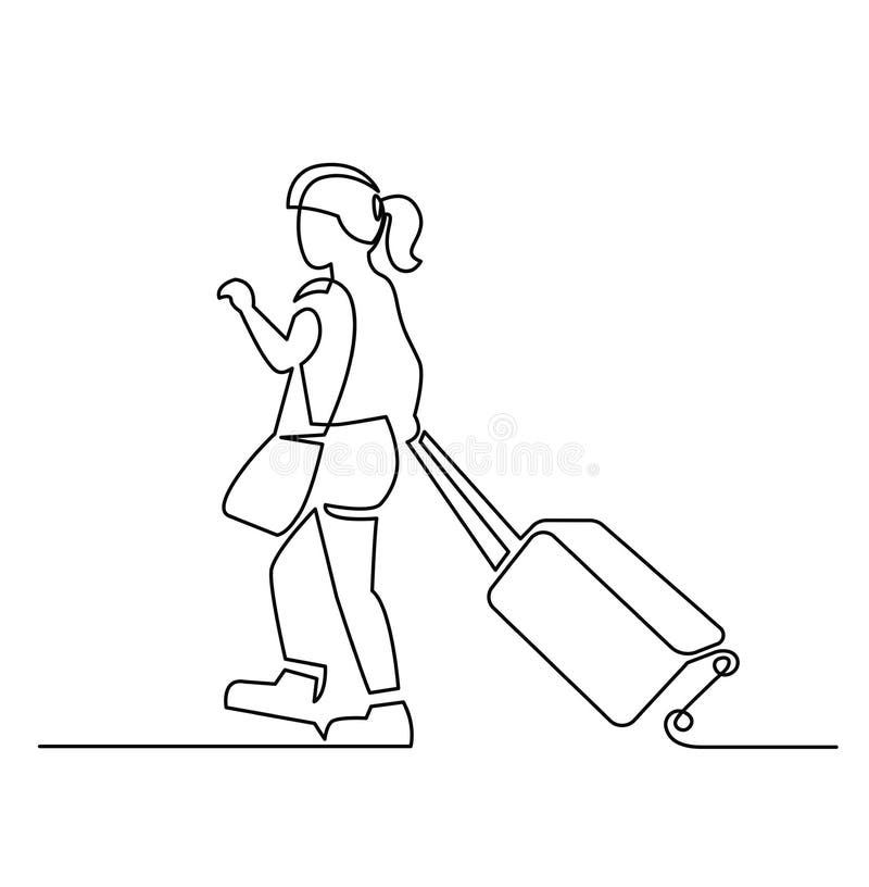 Young woman with luggage continuous one line vector drawing. Hand drawn tourist, traveller. Airport, railway departure, arrival. Girl walking with baggage stock illustration Young woman with luggage continuous one line vector drawing. Hand drawn tourist, traveller. Airport, railway departure, arrival. Girl walking with baggage stock illustration