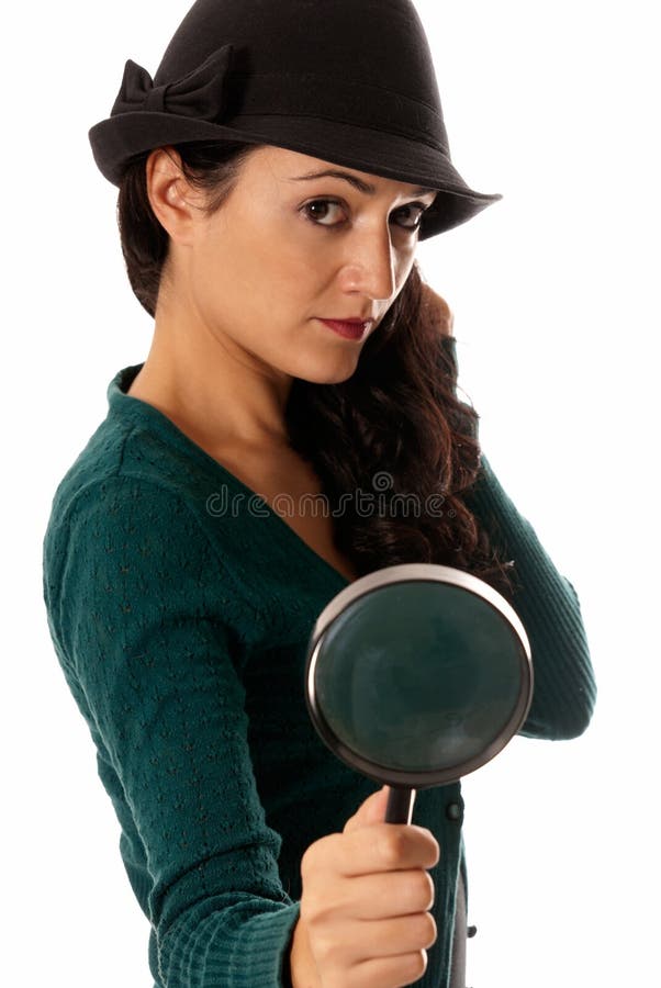 Young Woman with Magnifier Glass Looking Camera Stock Photo Image of
