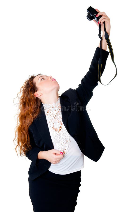 Young woman makes self-portraits stock photo