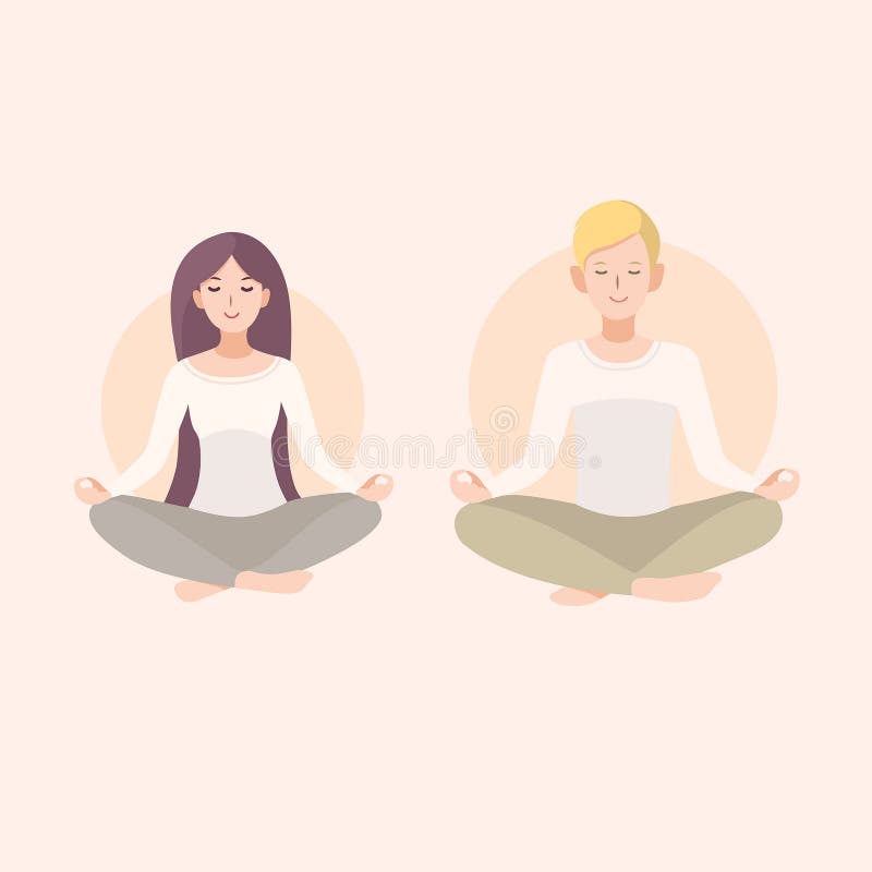 Young woman and man couple meditating with crossed legs. Relaxation, isolated people illustration.