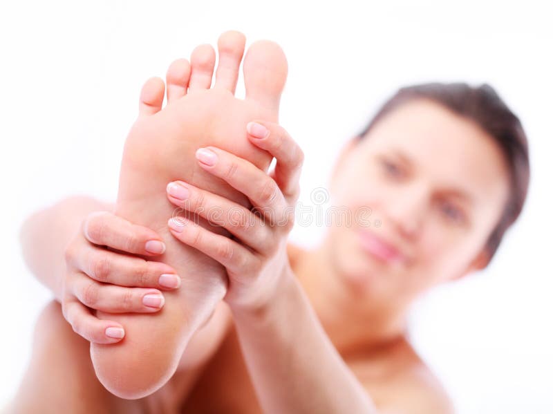 Young Woman Massages Her Foot. Stock Image - Image of ...