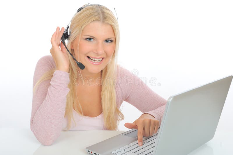 Young woman with microphone and computer