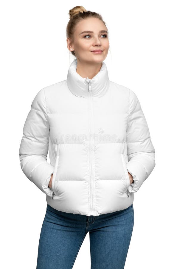 White Down Jacket for Women Front View Isolated on White Background Stock Image Image of