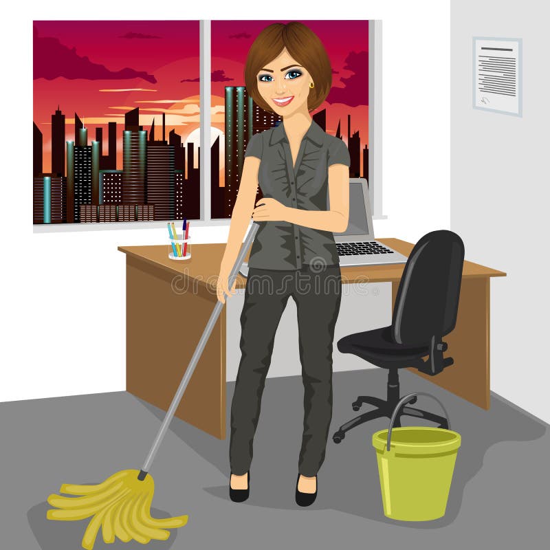 Cleaning Sign And Woman Mopping Floor In Office For Hygiene Health