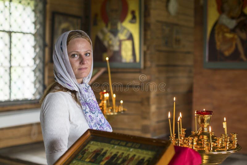 Young Woman within the Orthodox Church. Tradition. Stock Image Image