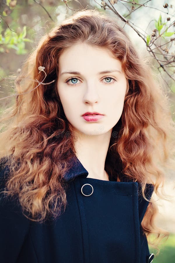 Young Woman Outdoors Girl With Red Curly Hair Stock Photo Young Woman Outdoors Girl With Red Curly Hair Stock Photo