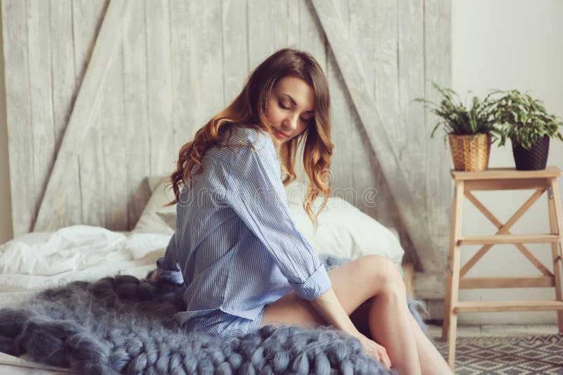 Young Woman in Pajama Wake Up in the Morning in Cozy Scandinavian ...