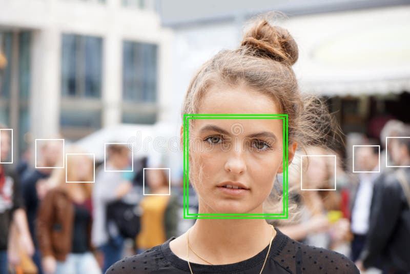 Young woman picked out by face detection or facial recognition software royalty free stock photos