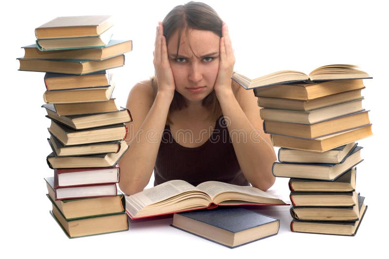 Young woman and a pile of books