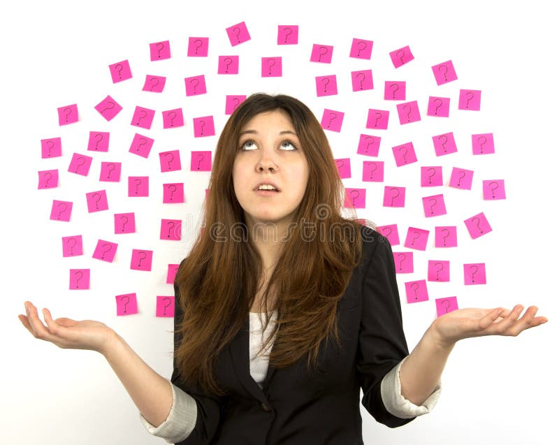 Young woman pink sticky notes question marks