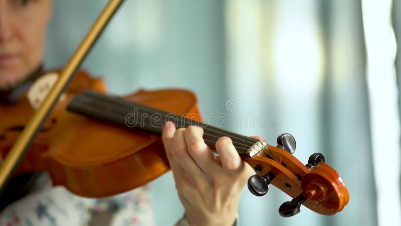 Young woman playing the violin. Hand of a female violinist on the fingerboard of a violin