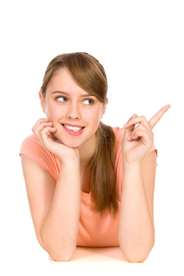 Young woman pointing stock images