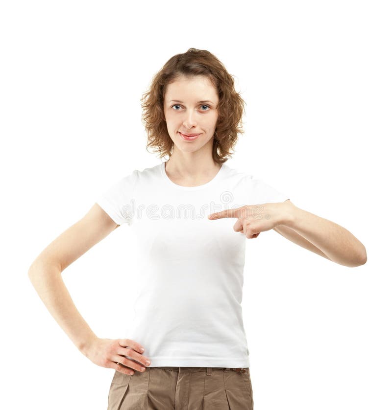 Smiling young woman pointing at herself with index finger (you can write your text on her white t-shirt); isolated on white background