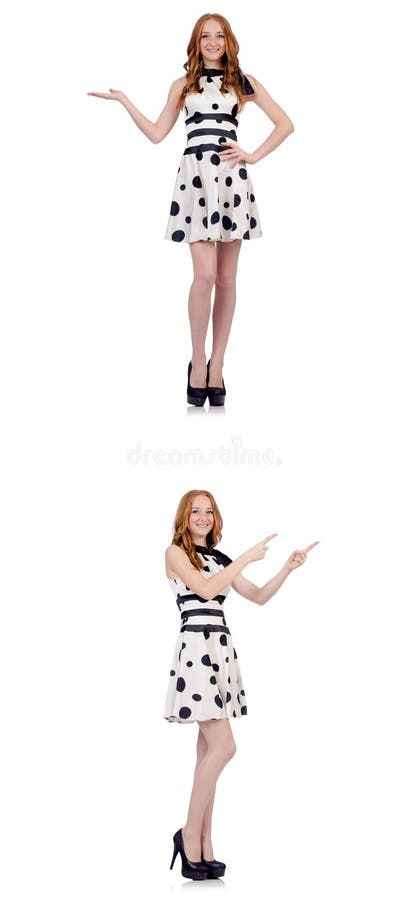 Young woman in polka dot dress isolated on white royalty free stock photos Young woman in polka dot dress isolated on white royalty free stock photos