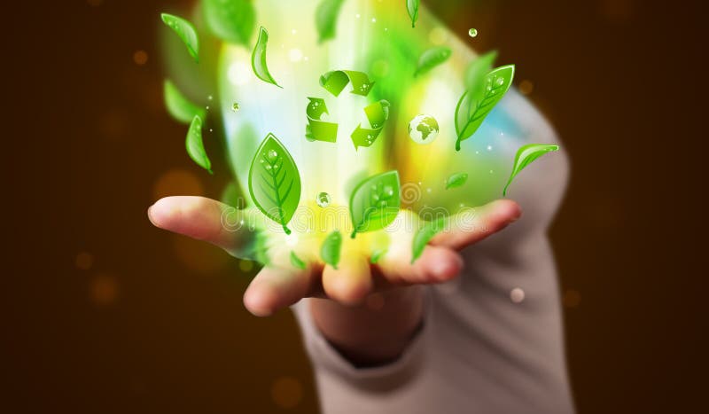 Young woman presenting eco green leaf recycle energy concept stock image Young woman presenting eco green leaf recycle energy concept stock image