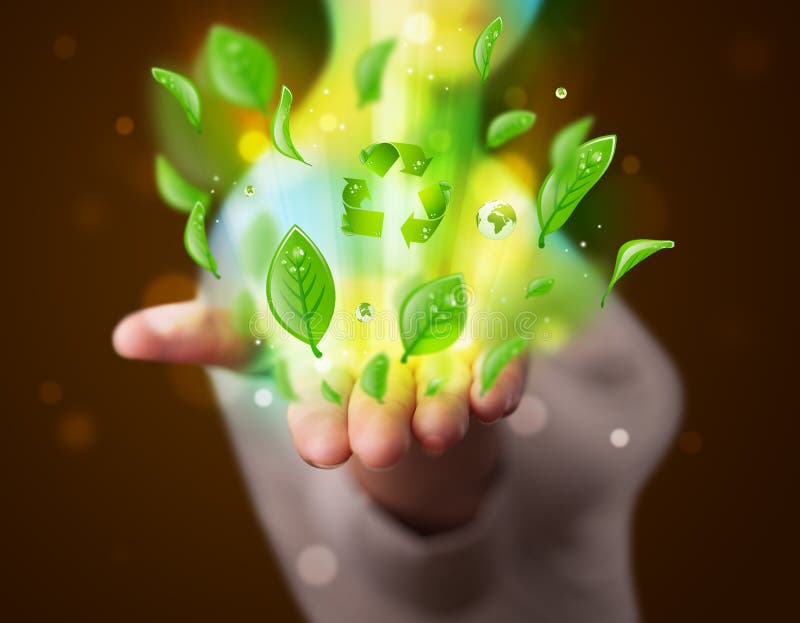 Young woman presenting eco green leaf recycle energy concept vector illustration Young woman presenting eco green leaf recycle energy concept vector illustration