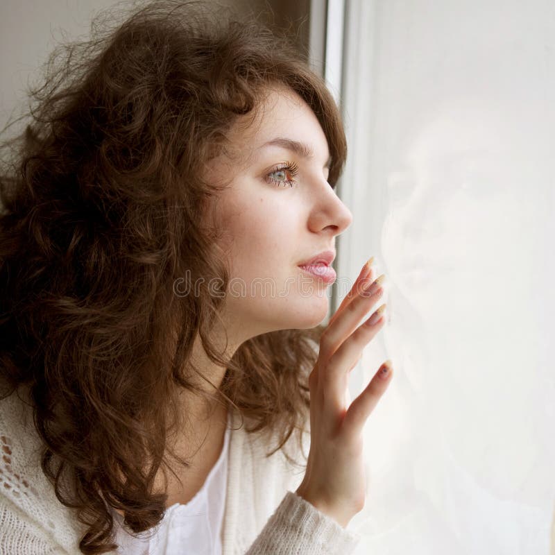Sad Woman Looking Out Window Stock Image - Image of fashion, hairs ...