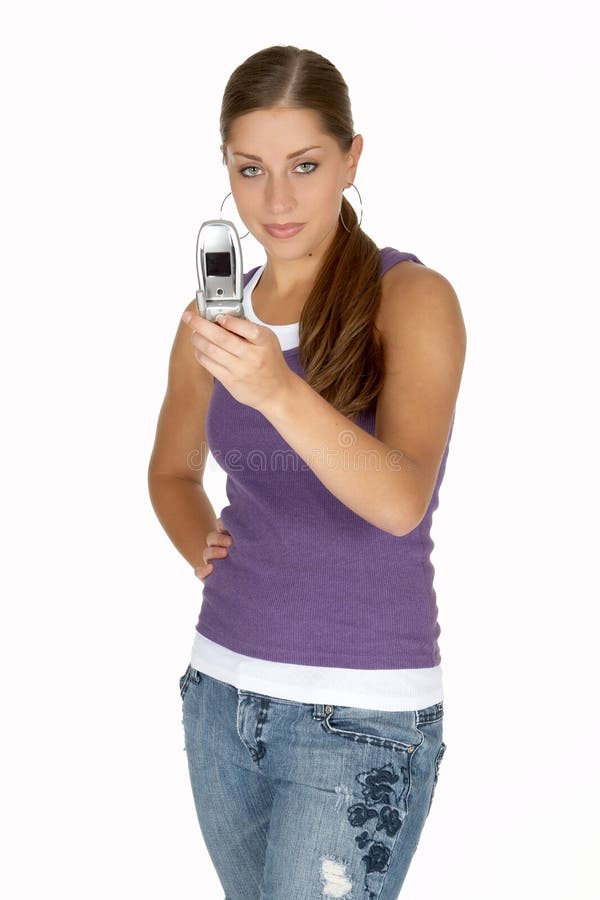 Pretty Young Woman in Purple Tank Top Using Camera Phone