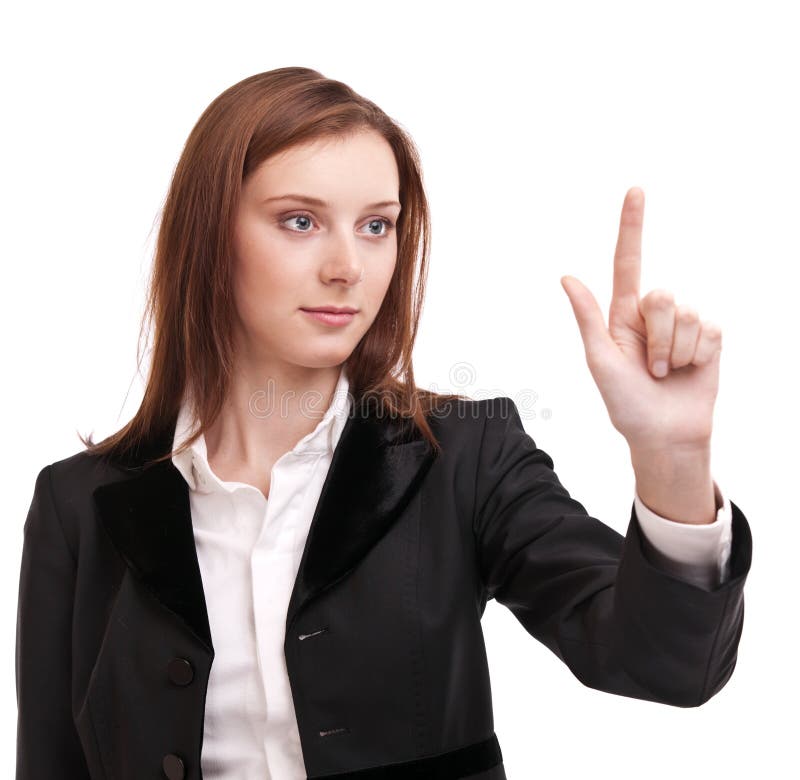 Young woman pushes on glass with finger.