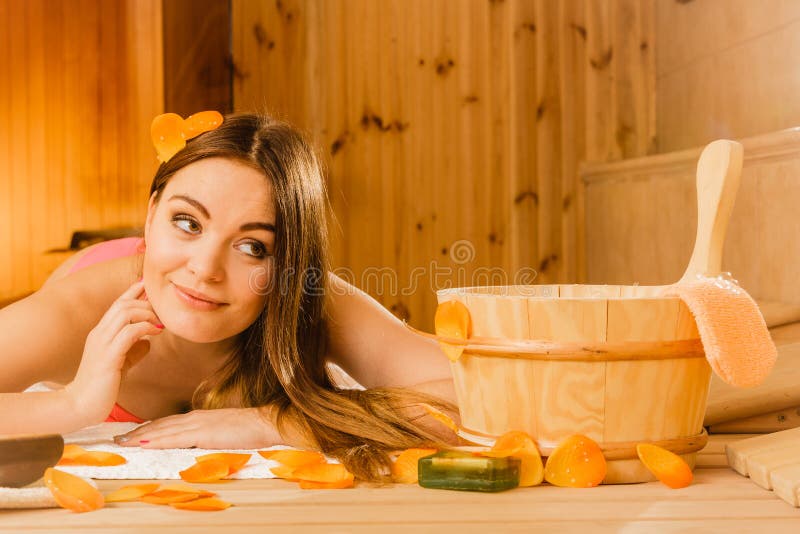 Young Woman Relaxing In Sauna Spa Wellbeing Stock Image Image Of Warmth Sauna 60176051