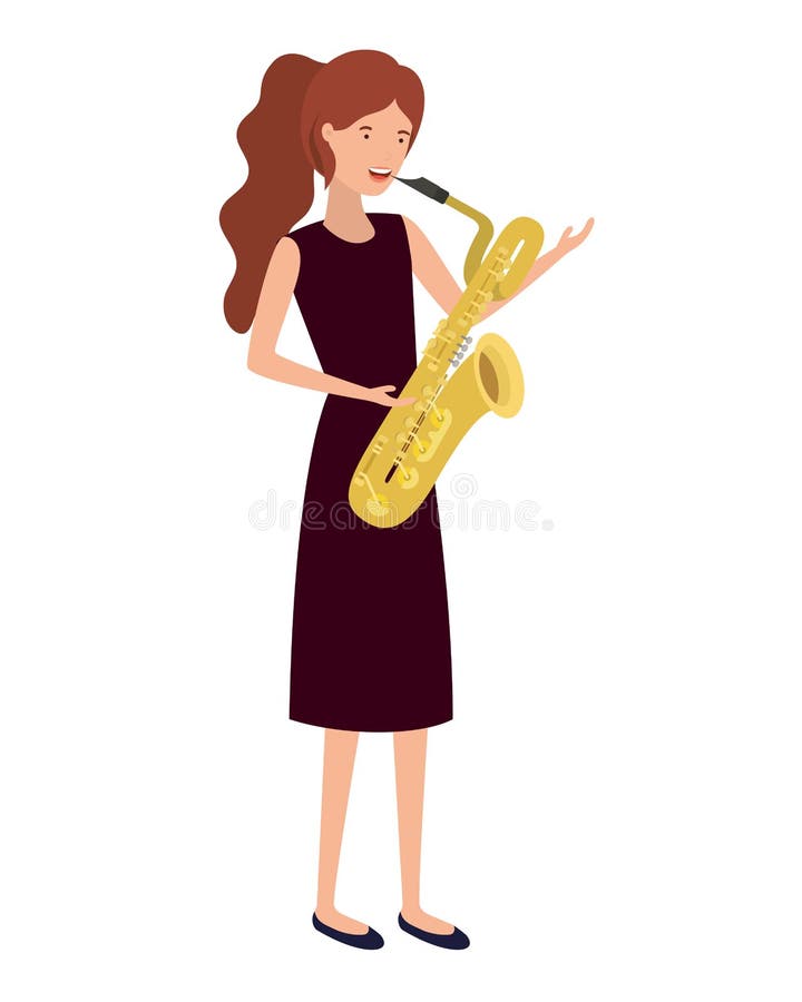 Woman With Saxophone Walking On A Street.Character In Trendy Style