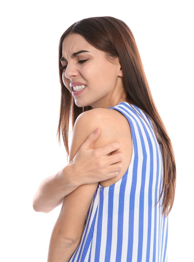 Young woman scratching shoulder on white background royalty free stock photos Young woman scratching shoulder on white background royalty free stock photos
