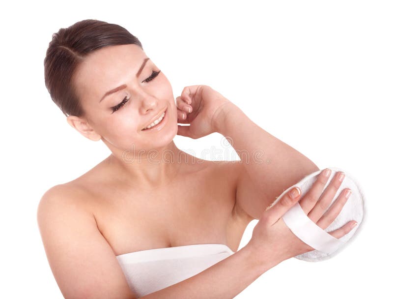 Young woman scrubbing body. royalty free stock photos
