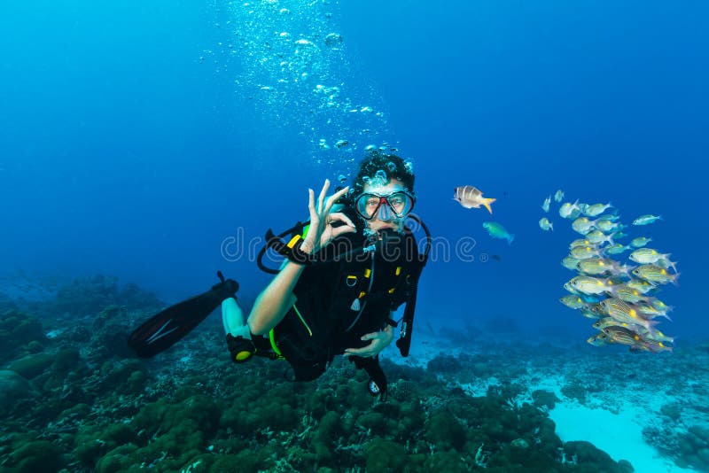 Young woman scuba diver showing OK gesture stock image Young woman scuba diver showing OK gesture stock image