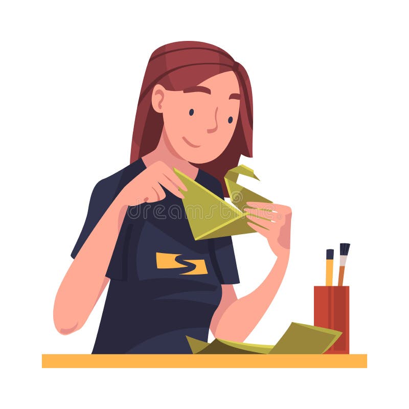 Young Woman in Self-isolation Doing Origami Folding Paper Figure Vector Illustration royalty free illustration