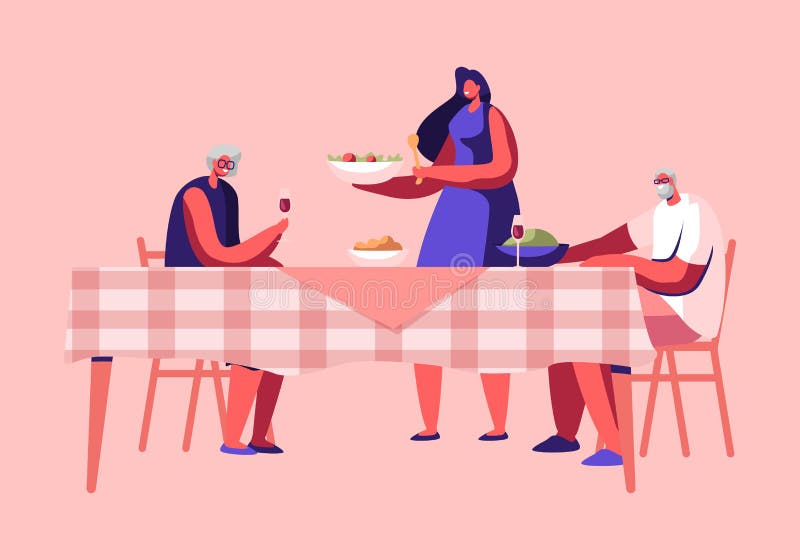 Young Woman Serving Table Putting Dish with Delicious Meal on Table with Senior Cheerful People Sitting. Happy Family Holiday vector illustration Young Woman Serving Table Putting Dish with Delicious Meal on Table with Senior Cheerful People Sitting. Happy Family Holiday vector illustration