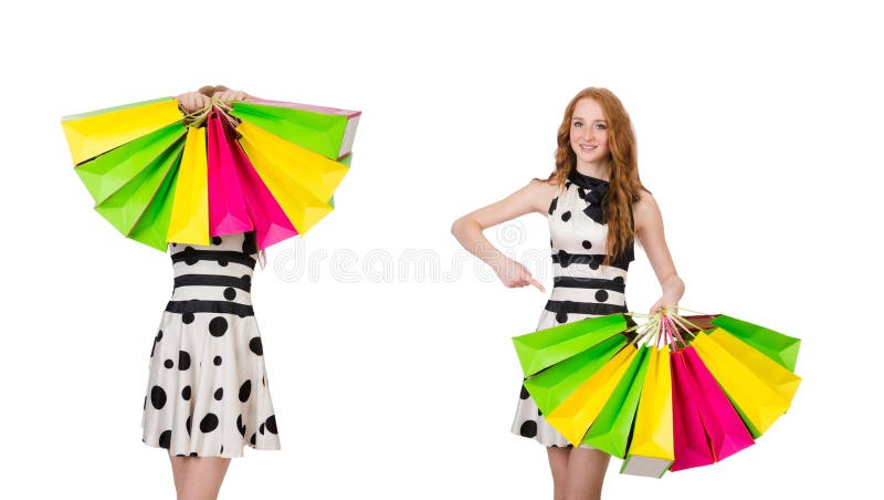 Young woman with shopping bags on white stock image Young woman with shopping bags on white stock image