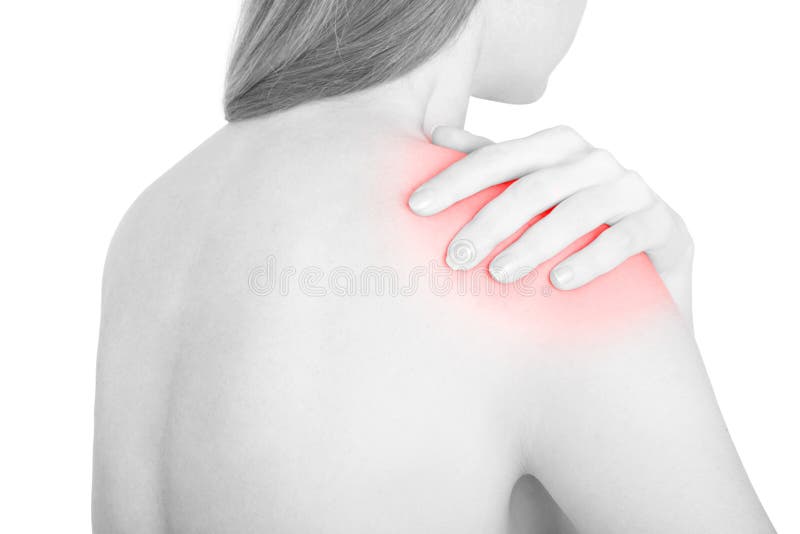 Young woman with shoulder pain, red area on white