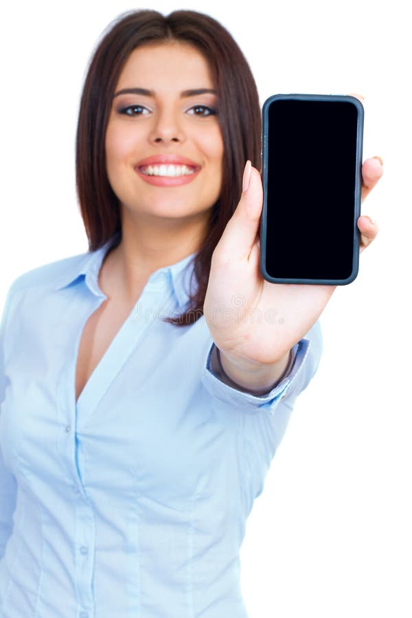 Young woman showing display of mobile cell phone with black screen