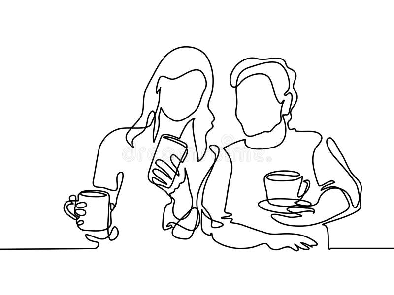 Continuous line drawing. Young woman showing smartphone to her old grandmother and drinking coffee or tea. Vector illustration. Continuous line drawing. Young woman showing smartphone to her old grandmother and drinking coffee or tea. Vector illustration