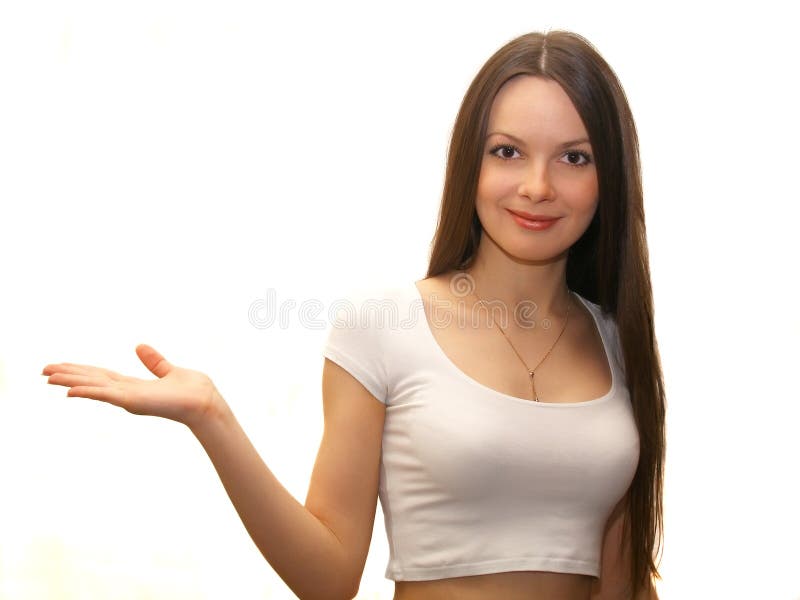 Young woman showing something