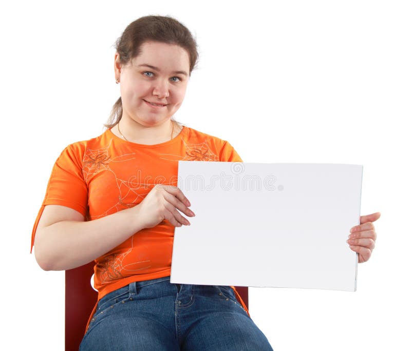 Young woman shows blank card