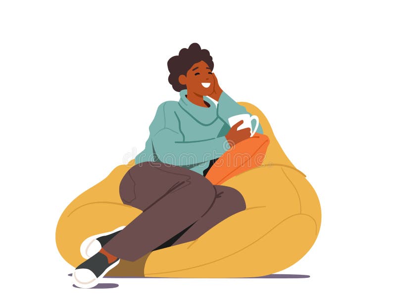 Young Woman Sit on Bean Bag with Cup of Tea or Coffee in Hand at Home.  Female Character Visiting Friend, Having Leisure Stock Vector -  Illustration of sitting, sparetime: 220661800