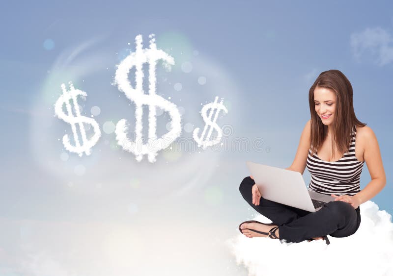 Young woman sitting on cloud next to cloud dollar signs stock photo Young woman sitting on cloud next to cloud dollar signs stock photo