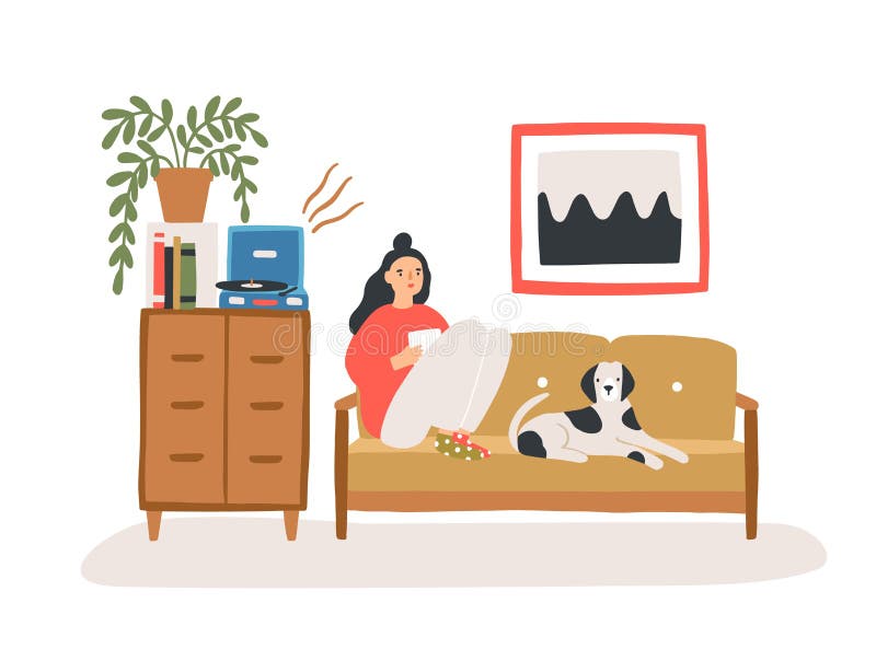 Young woman sitting on cozy sofa with her dog, drinking tea or coffee and listening to playing vinyl record in room