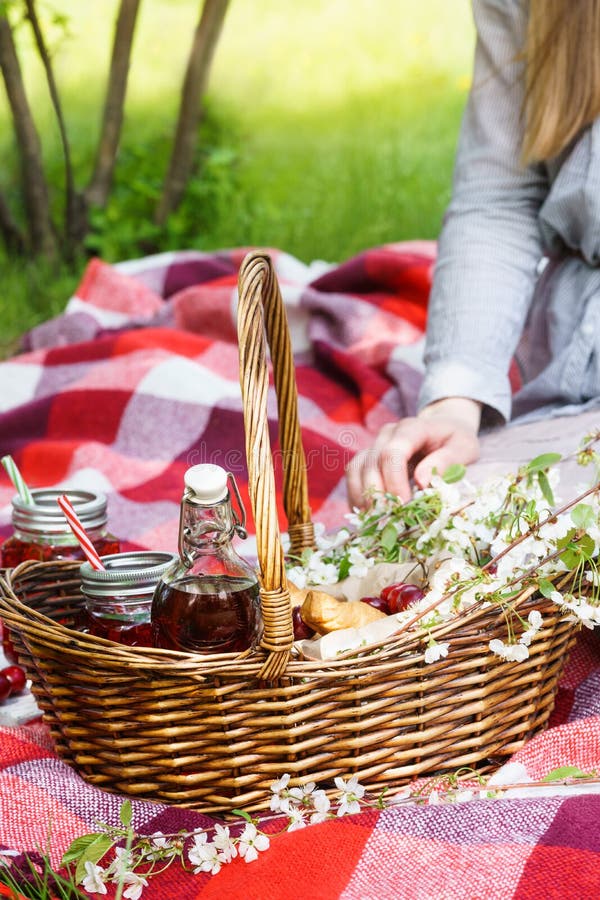 Young woman sitting on red blanket next to picnic basket royalty free stock photography Young woman sitting on red blanket next to picnic basket royalty free stock photography
