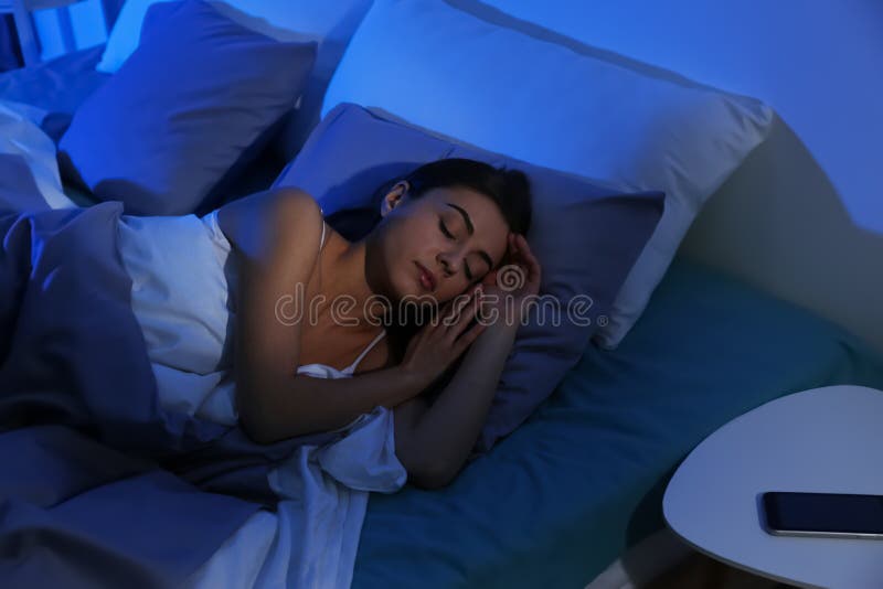 Young Woman Sleeping on Soft Pillow at Night Stock Photo Image of