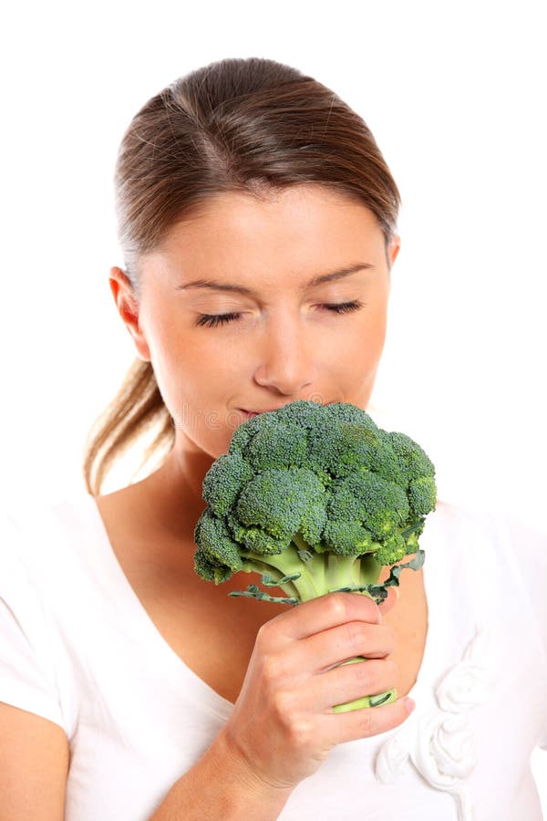 Young Woman Smelling Broccoli Stock Image Image of food, smile 17111897