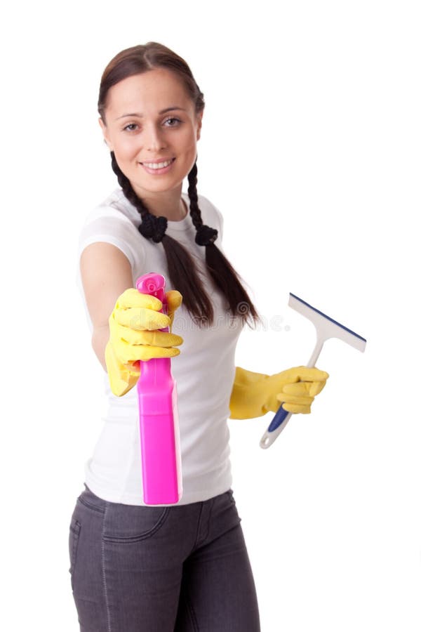 Young woman with spray bottle and brush stock photography