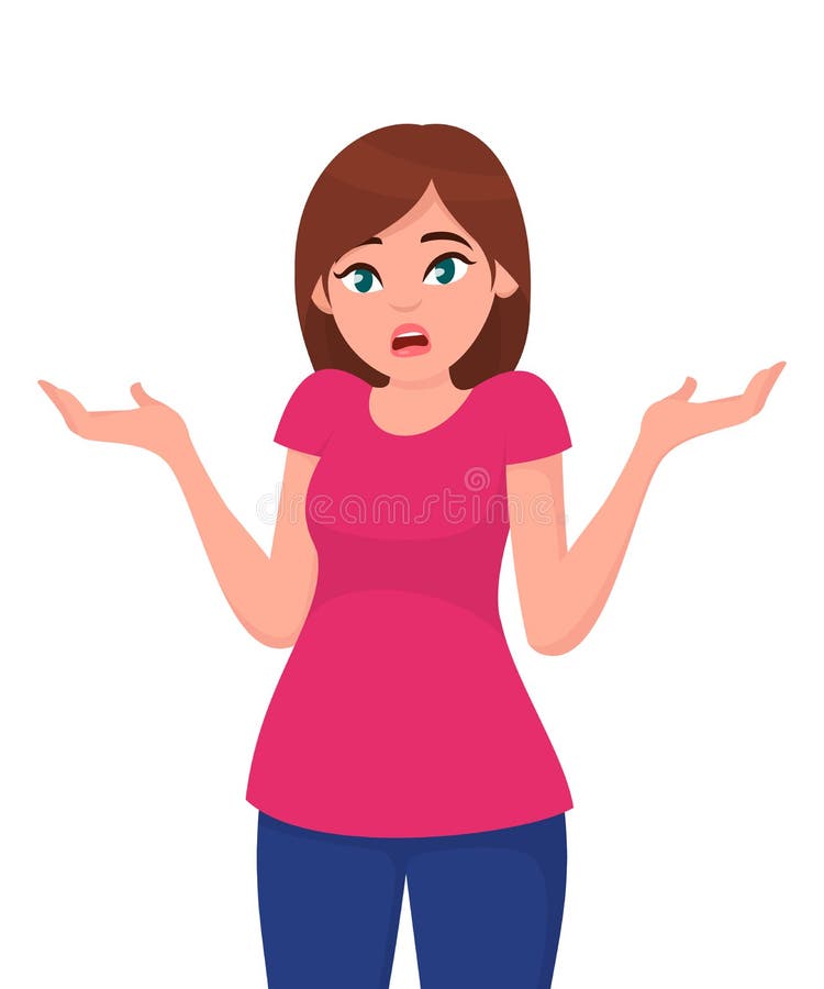 Young woman spread her hand and shrugging shoulder. I do not know. Oops, sorry, why, doubt...Question expression. stock illustration
