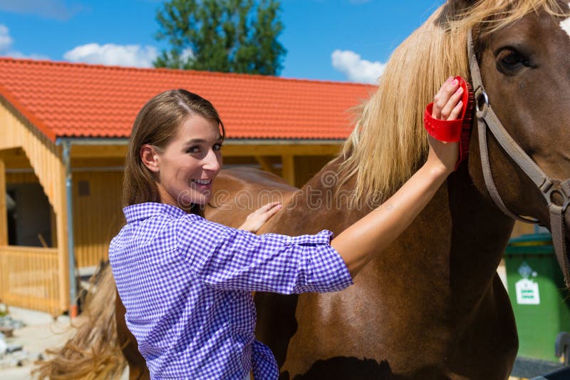 Young woman in the stable with horse stock photography